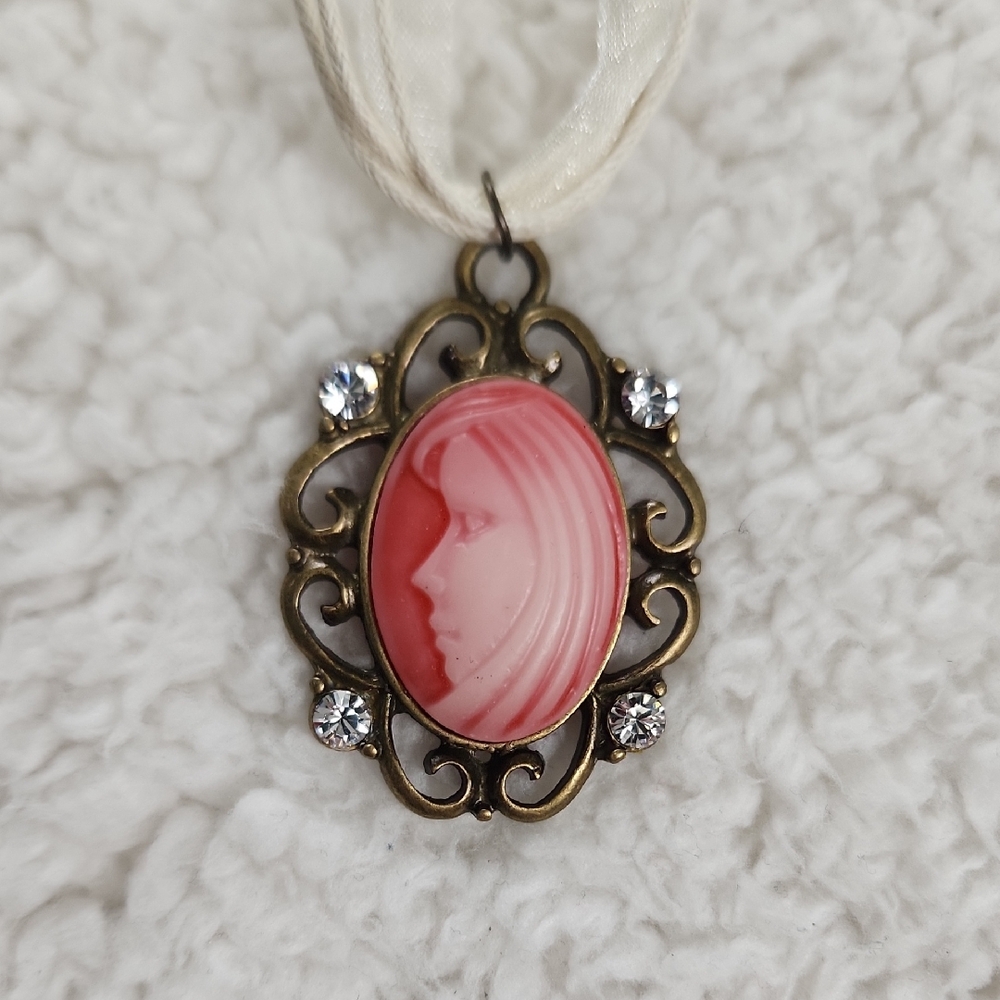 Vintage Cameo Pendant Necklace with Pink and Gold Accents